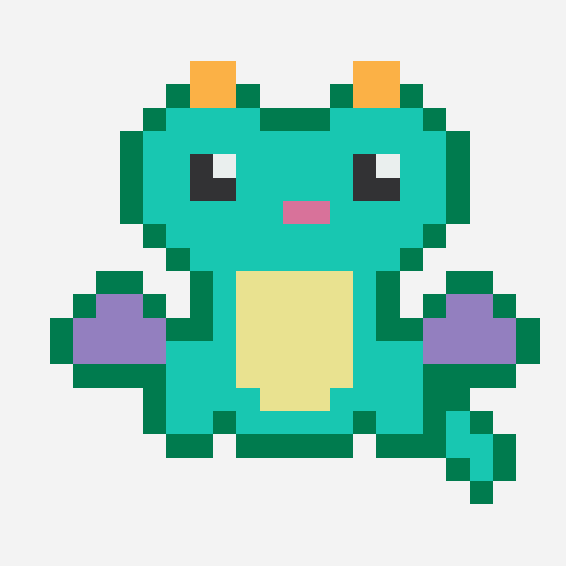 Baby green dragon pixel art pattern, 22×19 grid