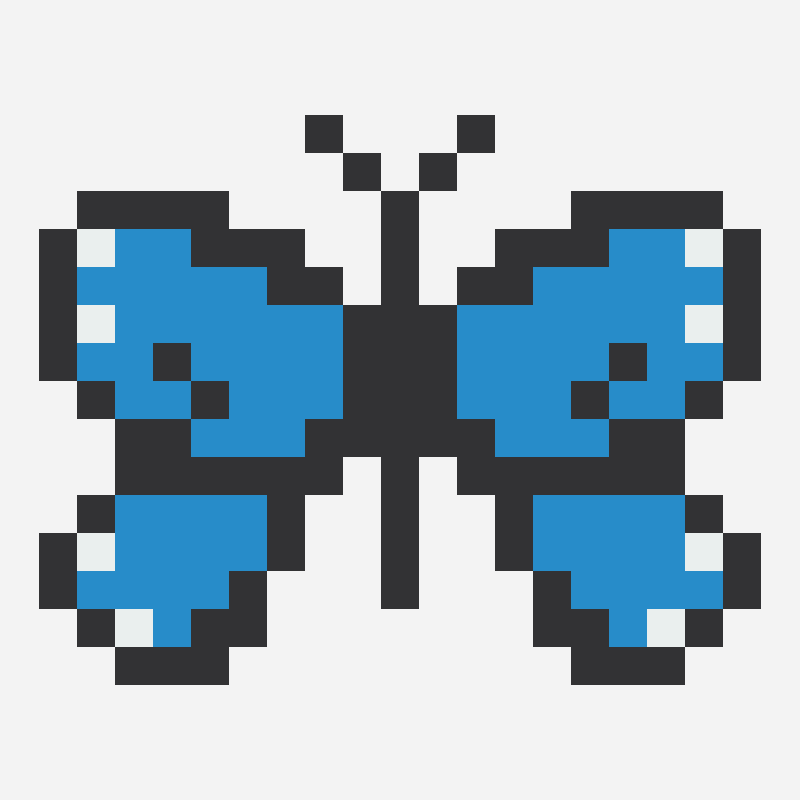 Blue morpho butterfly pixel art pattern, 19×15 grid
